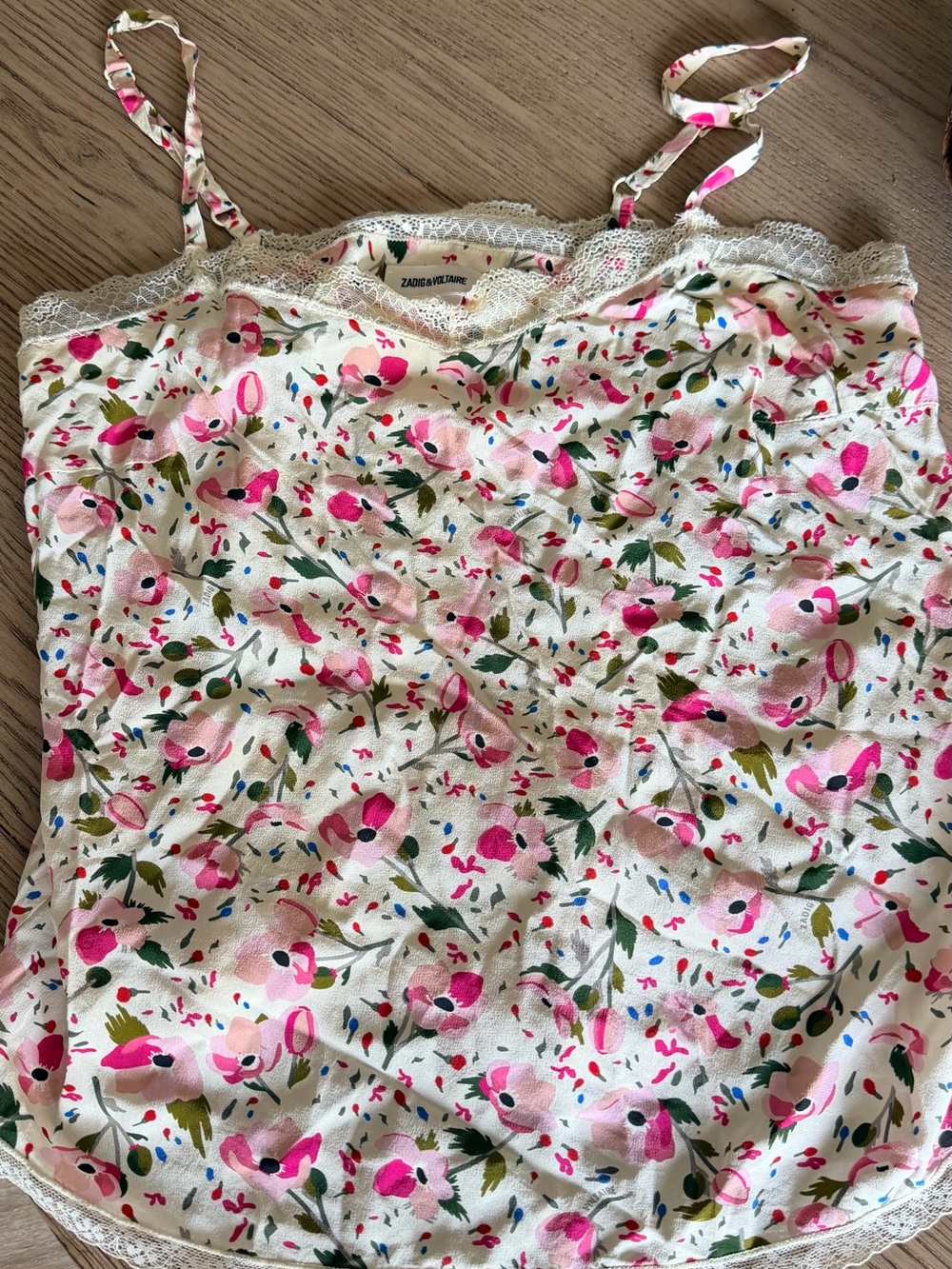 Zadig & Voltaire Cream Cami with Pink Floral Print and Lace Trim